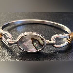 Avon Signed Vintage Silver Tone Gold Tone Accent Abalone Hinge Hook Bracelet VGC